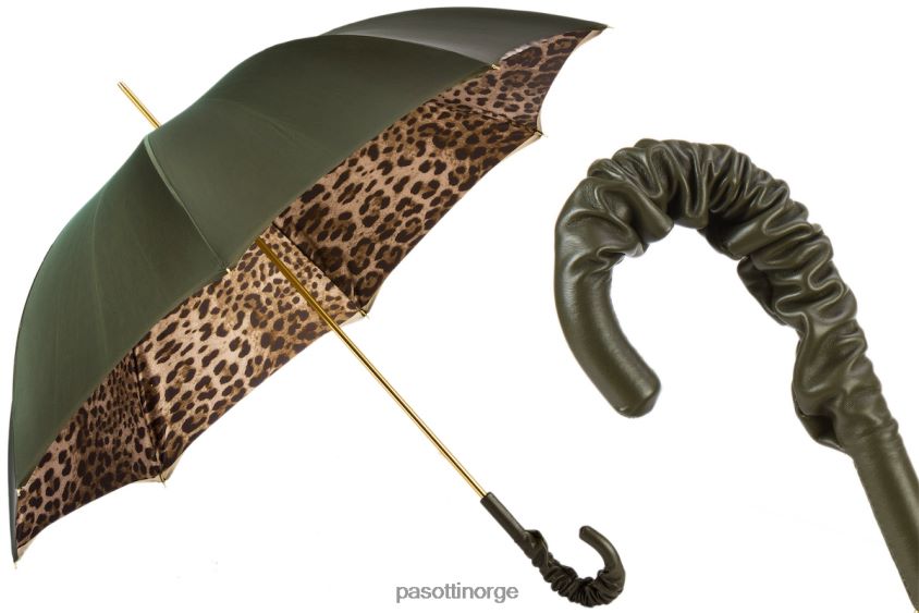 paraply | PASOTTI 189 90115-5 a35 - leopardmønster olivengrønn paraply med rynket skinnhåndtak 8B6Z26418 unisex