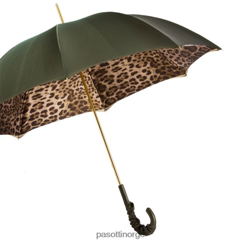 paraply | PASOTTI 189 90115-5 a35 - leopardmønster olivengrønn paraply med rynket skinnhåndtak 8B6Z26418 unisex
